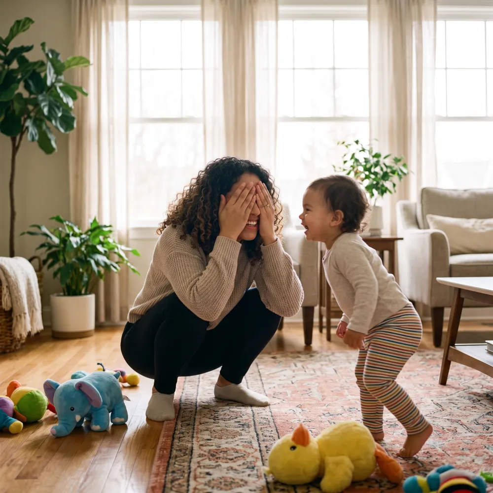 A Houston nanny laughing and playing peekaboo with a toddler in a bright living room