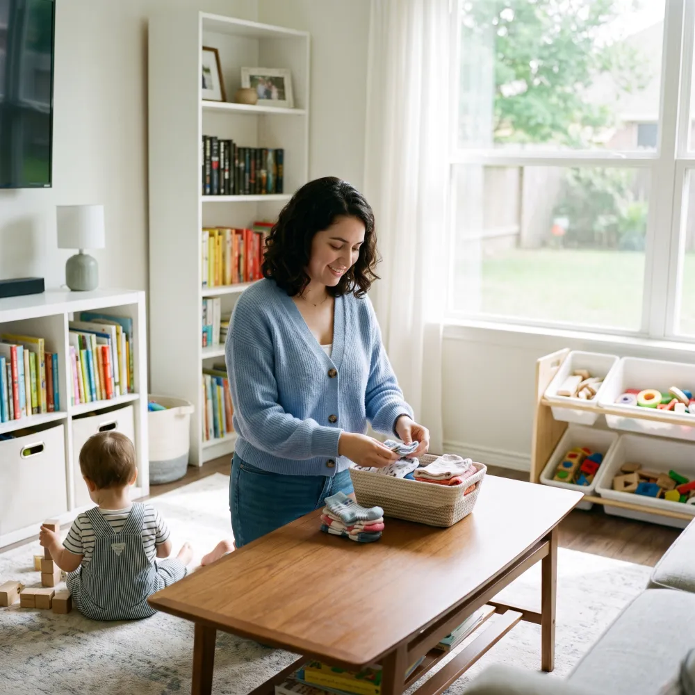 A nanny tidying a child's play area while a toddler plays nearby in a bright Houston home