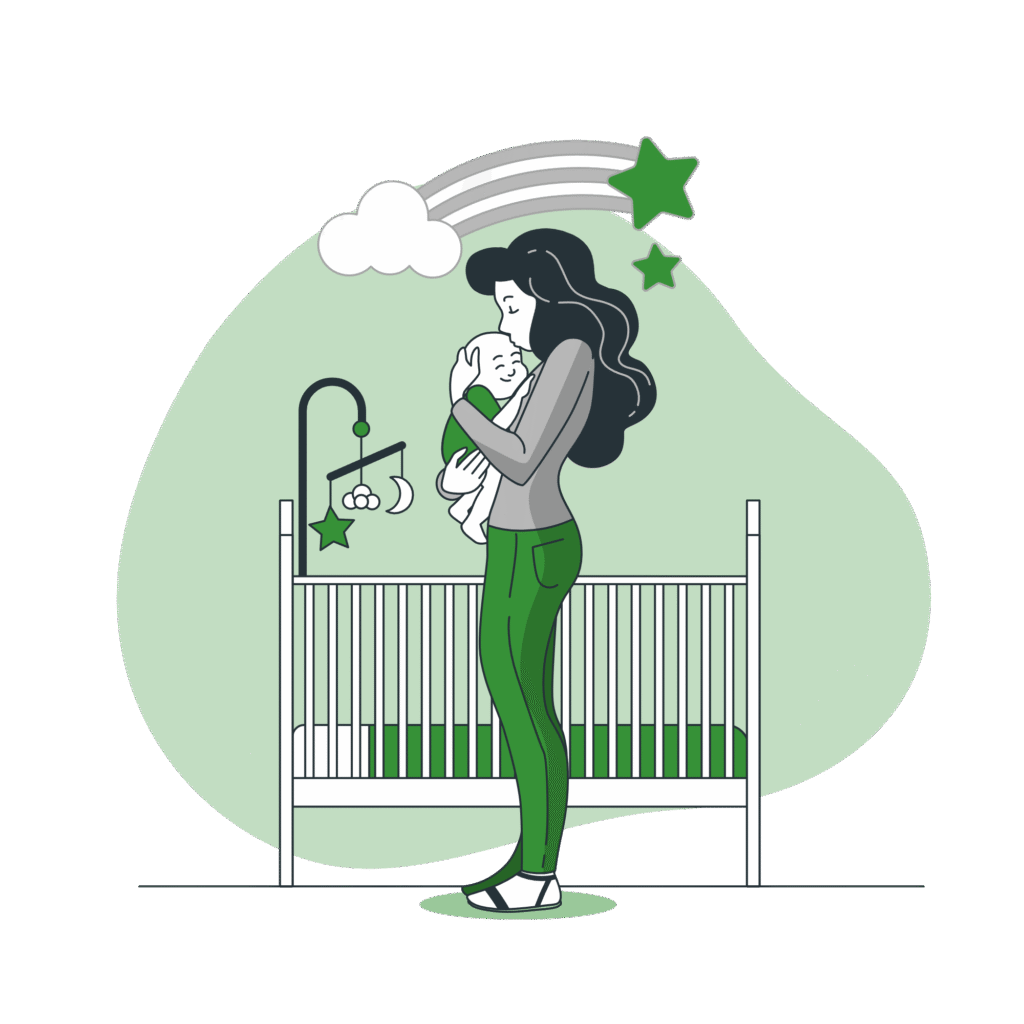 Illustration of a nanny holding a baby beside a crib