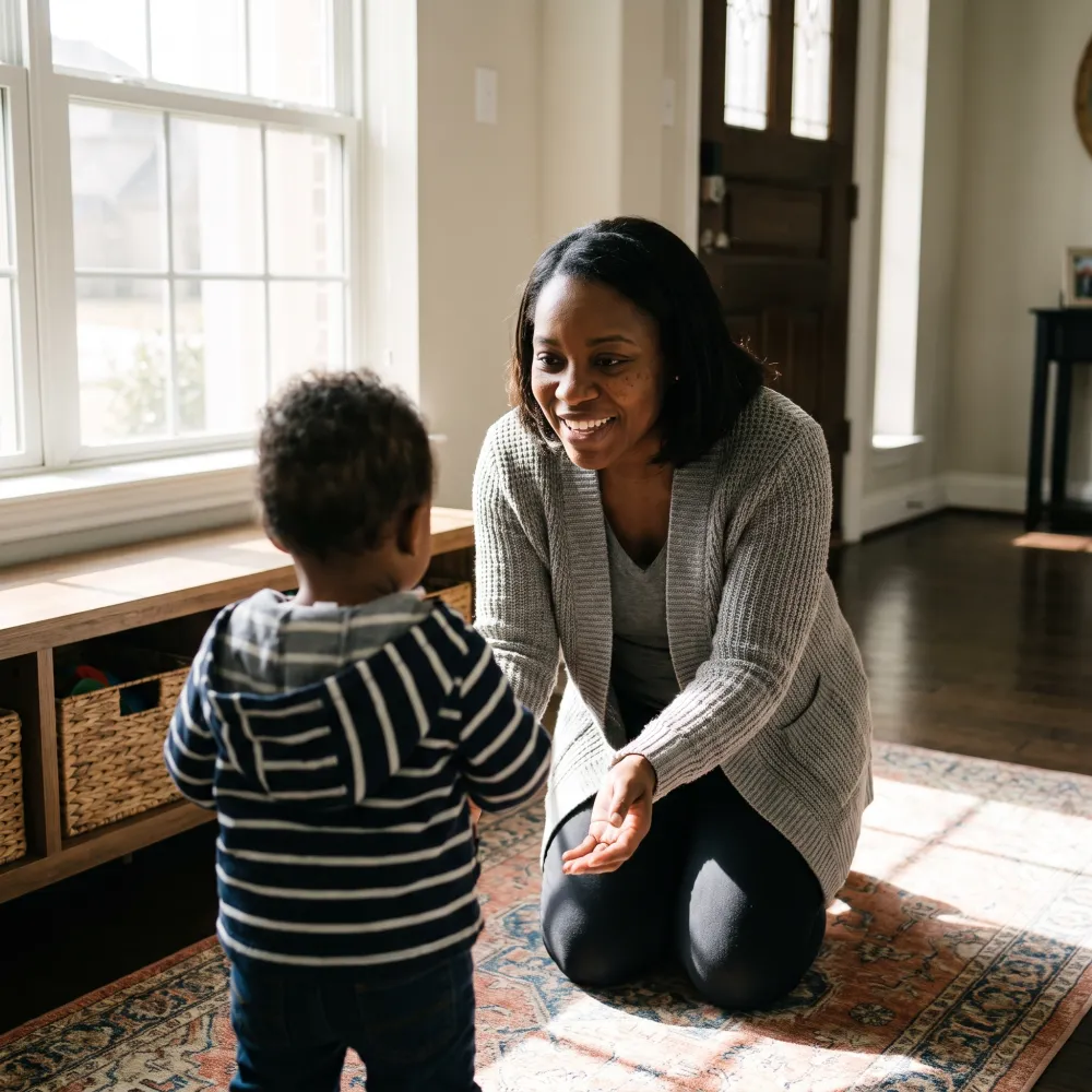 A professional Houston nanny kneeling to warmly greet a young child in a bright family foyer