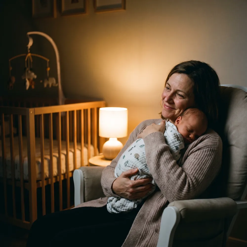 A night nanny cradling a swaddled sleeping newborn in a softly lit nursery